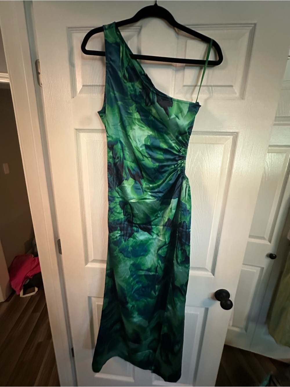 Runaway The Label Green and Teal One-Shoulder Floral Satin Dress